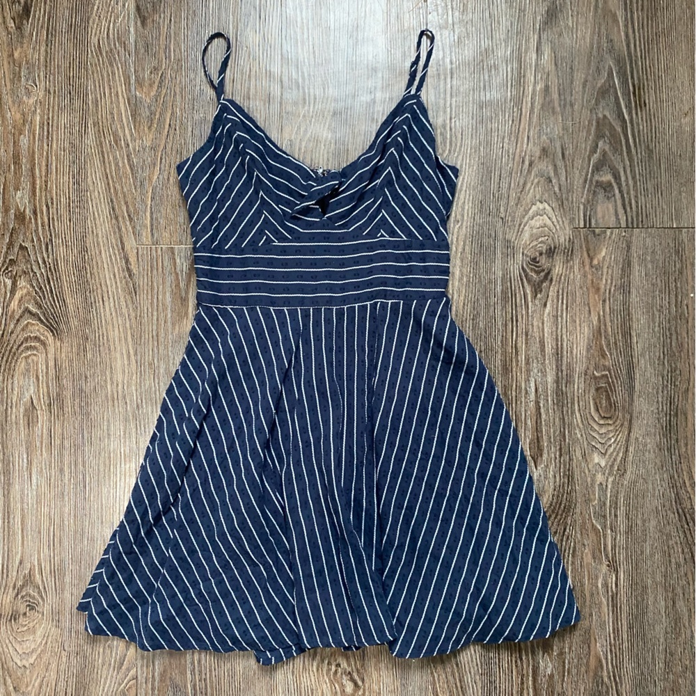 Navy and White striped dress with textured navy dots